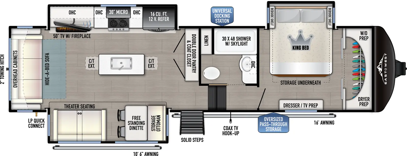 The 3100RL has 3 slideouts and one entry. Exterior features an oversized pass through storage, universal docking station, MORryde steps, coax TV hookup, 10 foot 6 inch awning and 16 foot awning, LP quick connect, and 2 inch towing hitch. Interior layout front to back: front closet with washer/dryer prep, off-door side king bed slideout with storage underneath, and door side dresser with TV prep; off-door side full bathroom with overhead cabinet, linen closet, and shower with skylight; steps down to main living area and entry; double door pantry and coat closet along inner wall; off-door side slideout with 12V refrigerator, overhead cabinet, microwave, cooktop, and TV with fireplace; kitchen island with sink and extensions; door side slideout with free-standing dinette with storage ottoman, and theater seating; rear hide-a-bed sofa and overhead cabinet.
